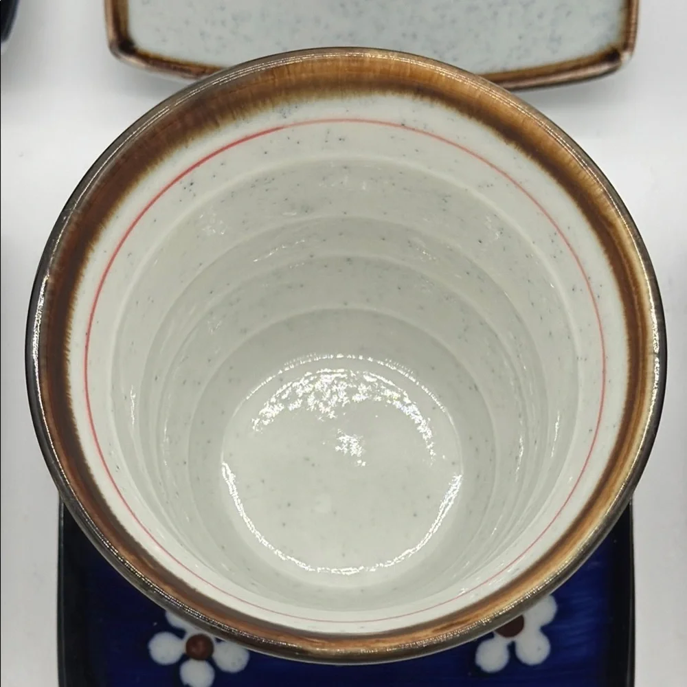 Japanese Saki Tea Set 12 Piece Set of 6 Blue Floral Teacups with Saucers